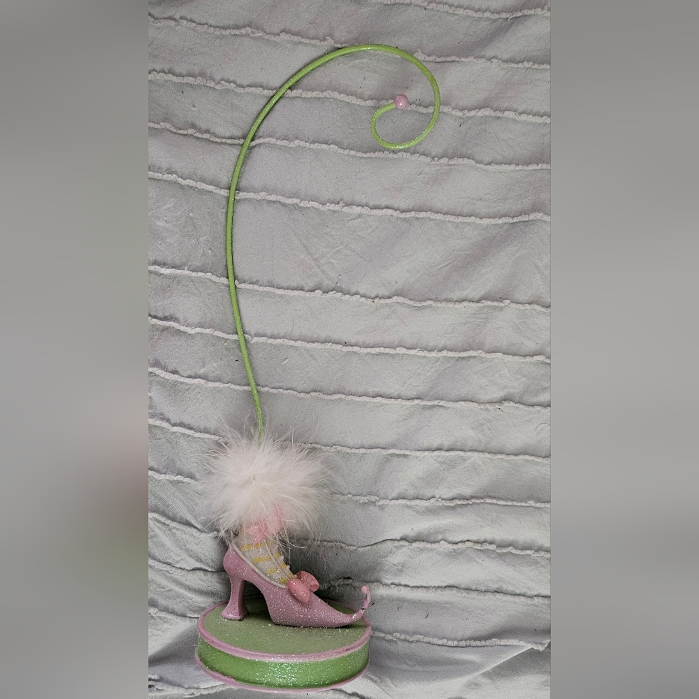 Pink Shiney Fluffy Ornament Hanger with White And Green Shoe As Is